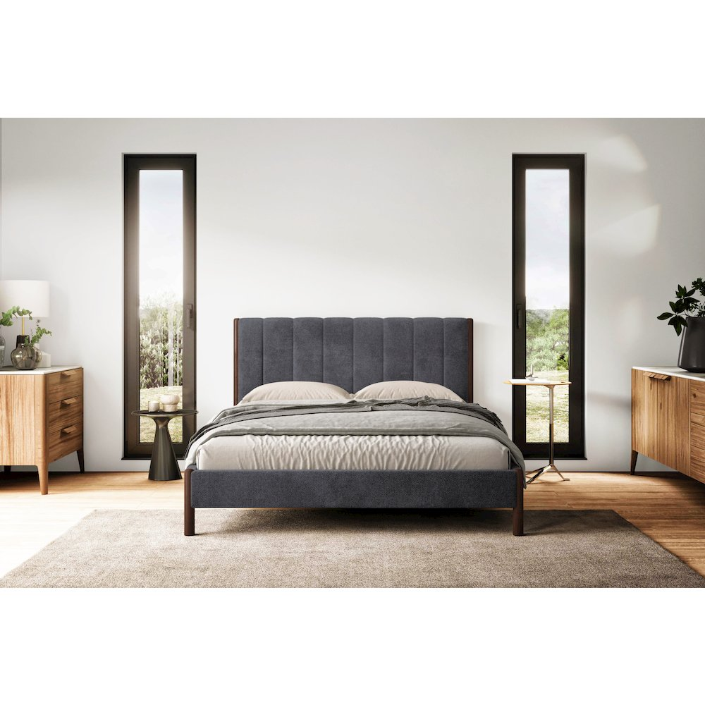 Start2Finish Exton upholstered platform queen bed in dark gray fabric with a padded headboard and sleek modern design.