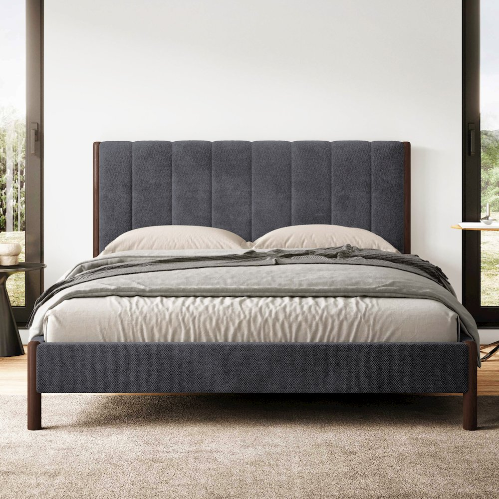 Start2Finish Exton upholstered platform queen bed in dark gray fabric with a padded headboard and modern design.