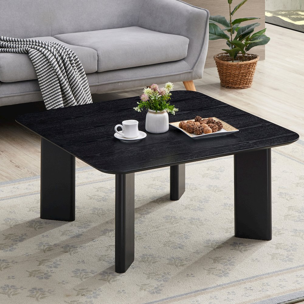 Square-shaped modern wood coffee table in black ash finish by Start2Finish, featuring sleek minimalist design