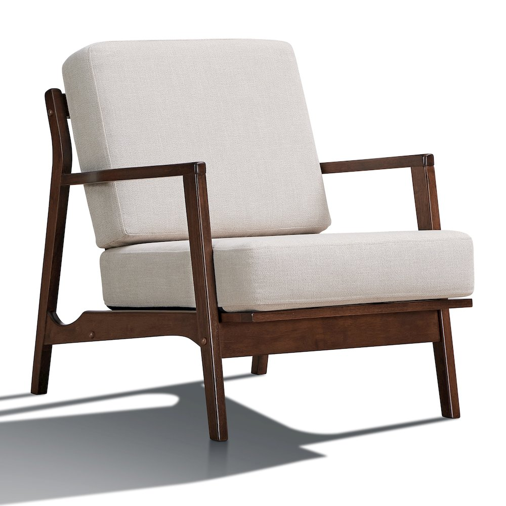 Beige Jasper solid wood and fabric upholstered accent armchair with wooden legs, showcasing a cozy, stylish design.
