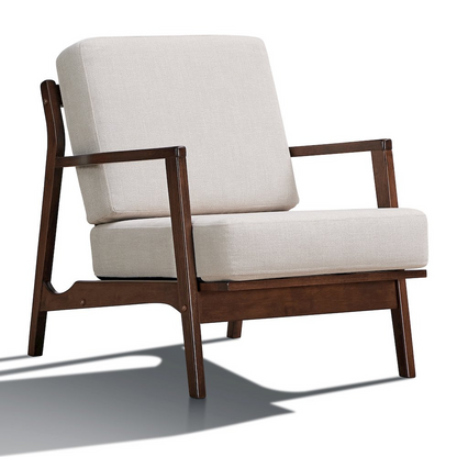 Beige Jasper solid wood and fabric upholstered accent armchair with wooden legs, showcasing a cozy, stylish design.