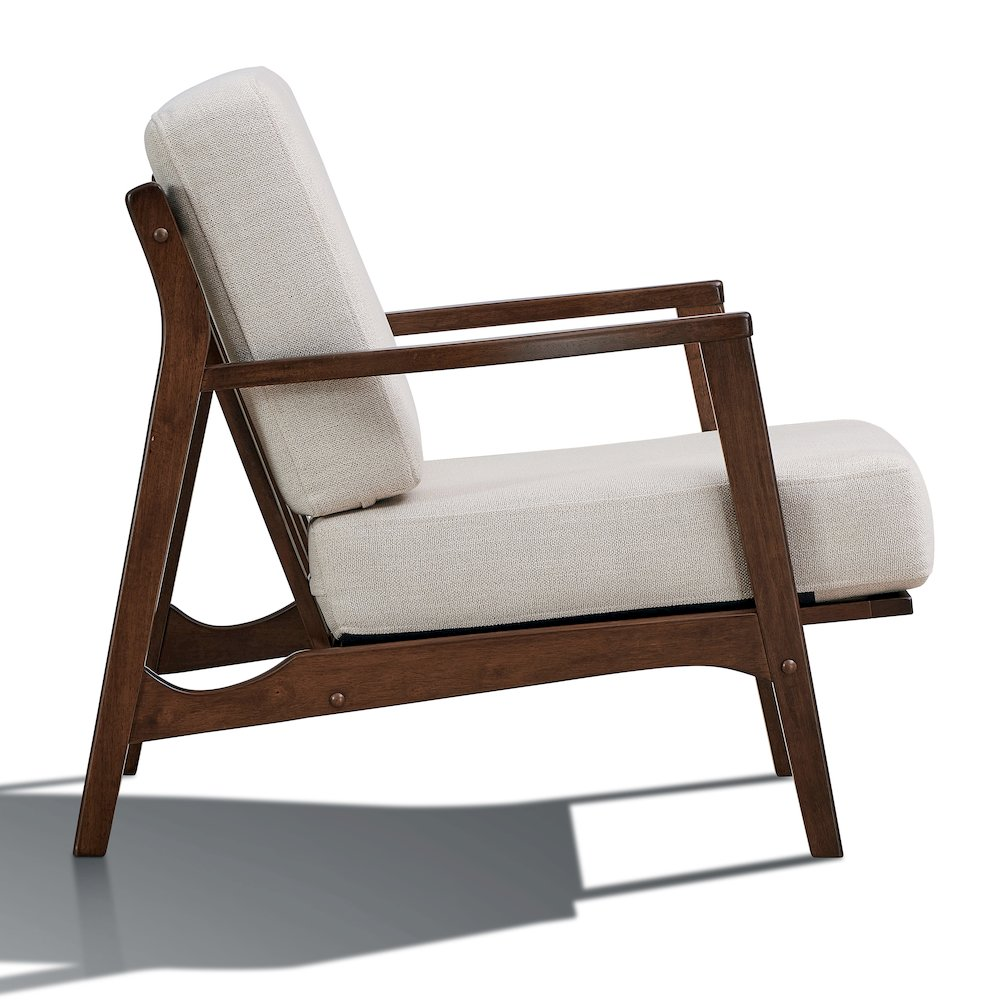 Beige Jasper solid wood and fabric upholstered accent armchair with wooden legs, stylish and comfortable for living room decor.