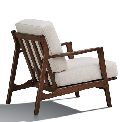 Beige Jasper solid wood and fabric upholstered accent armchair with wooden legs and cushioned seat, stylish and comfortable.