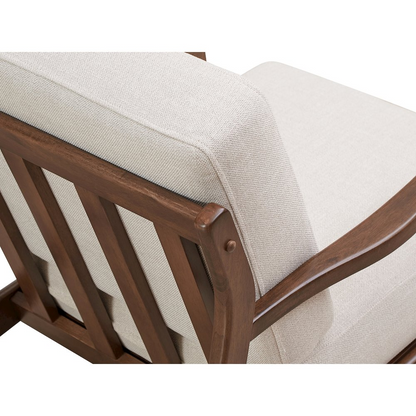 Jasper solid wood and fabric upholstered beige accent armchair with wooden legs, featuring a plush cushioned seat and backrest.