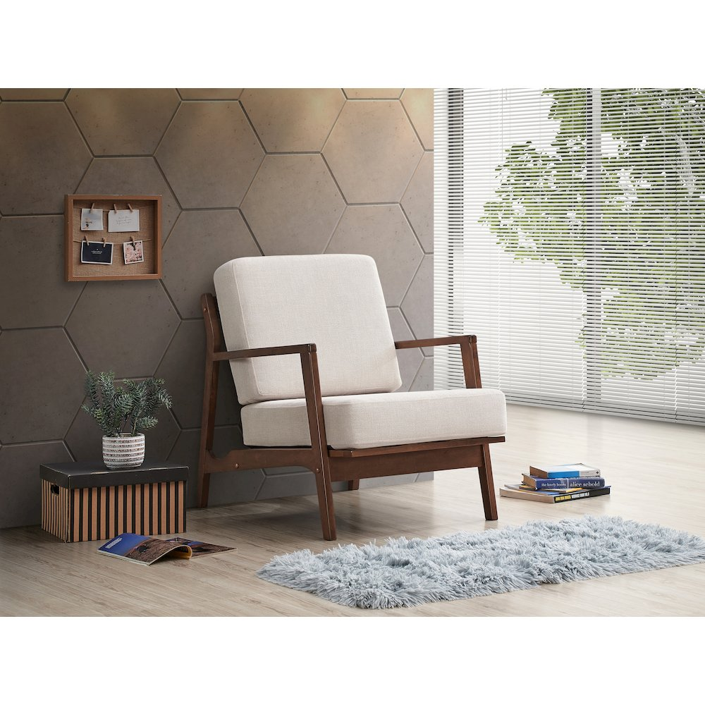 Beige Jasper solid wood and fabric upholstered accent armchair with wooden legs, stylish and comfortable for living room decor.