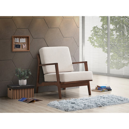 Beige Jasper solid wood and fabric upholstered accent armchair with wooden legs, stylish and comfortable for living room decor.