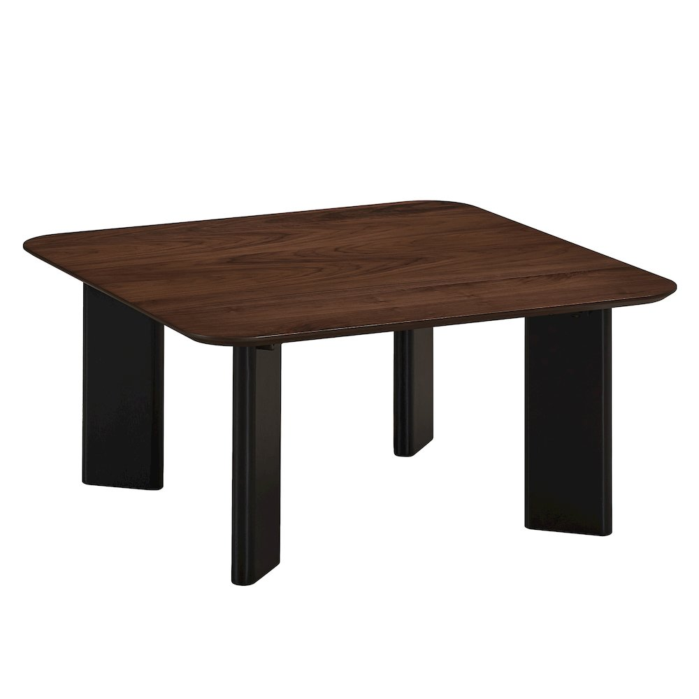 Modern walnut wood coffee table with a square shape and clean design, featuring a sleek finish and sturdy construction.