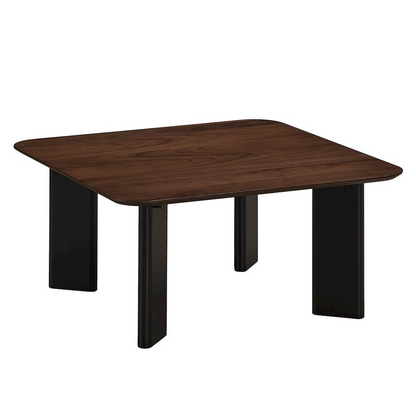 Modern walnut wood coffee table with a square shape and clean design, featuring a sleek finish and sturdy construction.