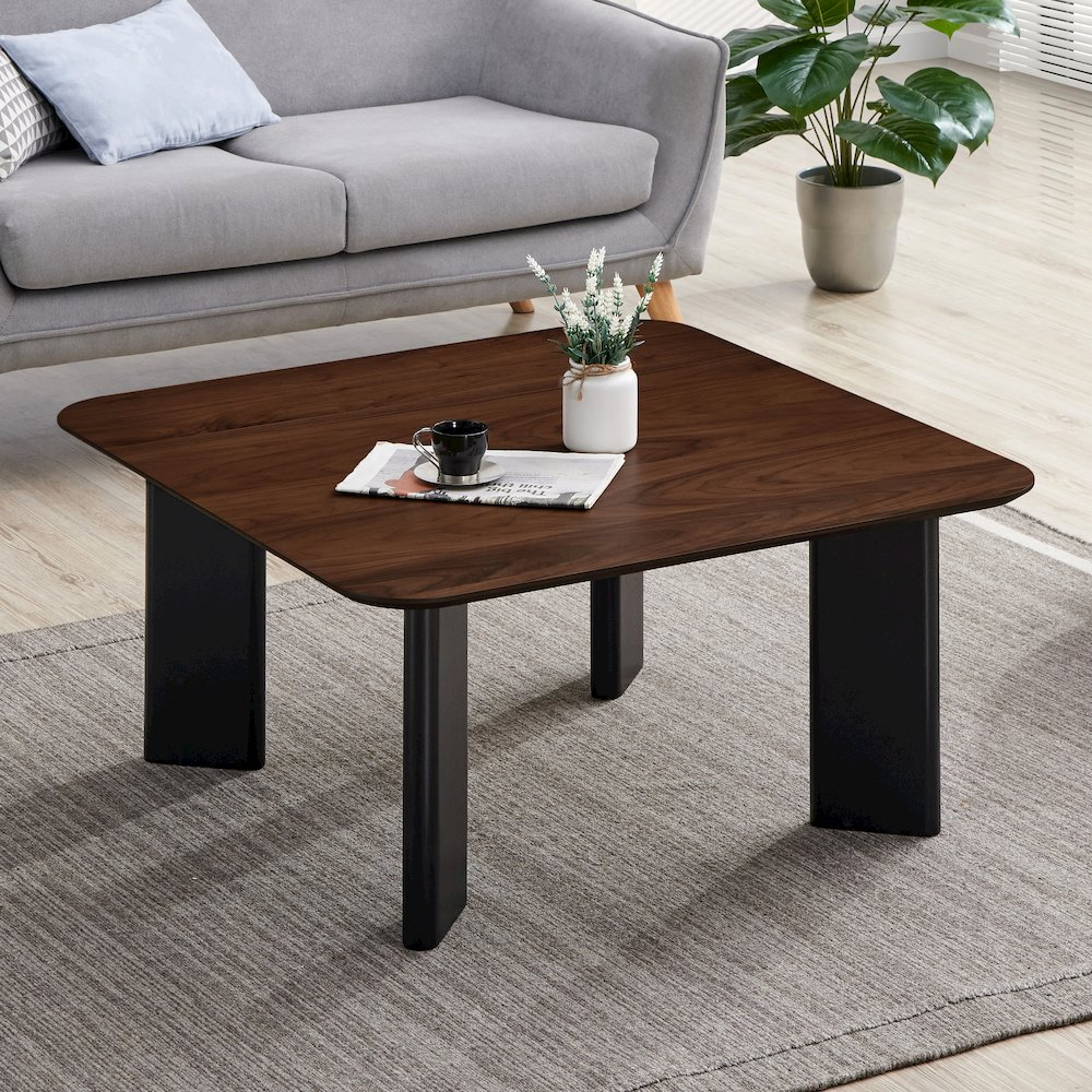 Square-shaped modern wood coffee table in walnut finish by Start2Finish, featuring a sleek contemporary design.