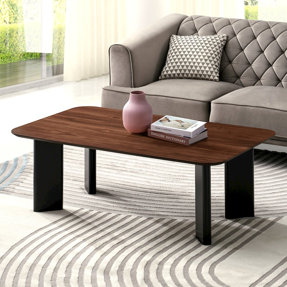 Start2Finish Joss rectangular modern wood coffee table in walnut finish, featuring a sleek design and smooth surface.