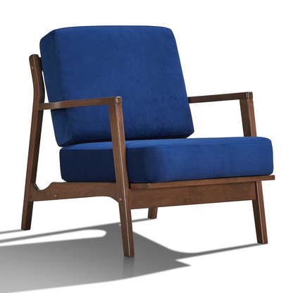 Blue Jasper solid wood and velvet upholstered accent armchair with curved wooden legs and plush cushioning.
