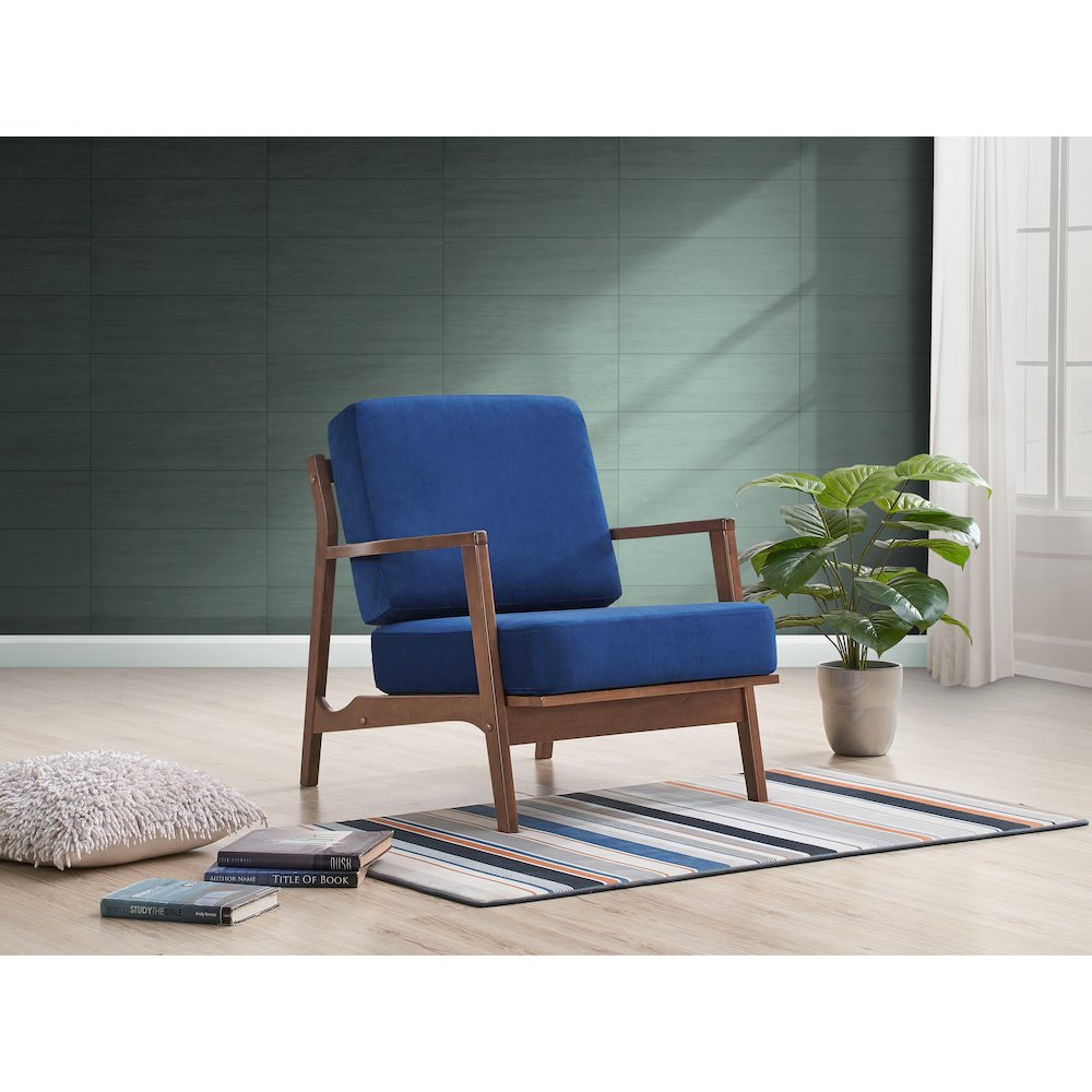 Blue Jasper solid wood and velvet upholstered accent armchair with wooden legs and tufted back for stylish comfort.