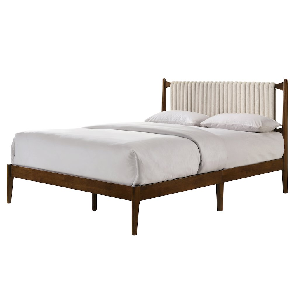 Ella Wooden Queen size platform bed by Start2Finish with walnut finish and beige upholstery, featuring a sturdy wooden frame.