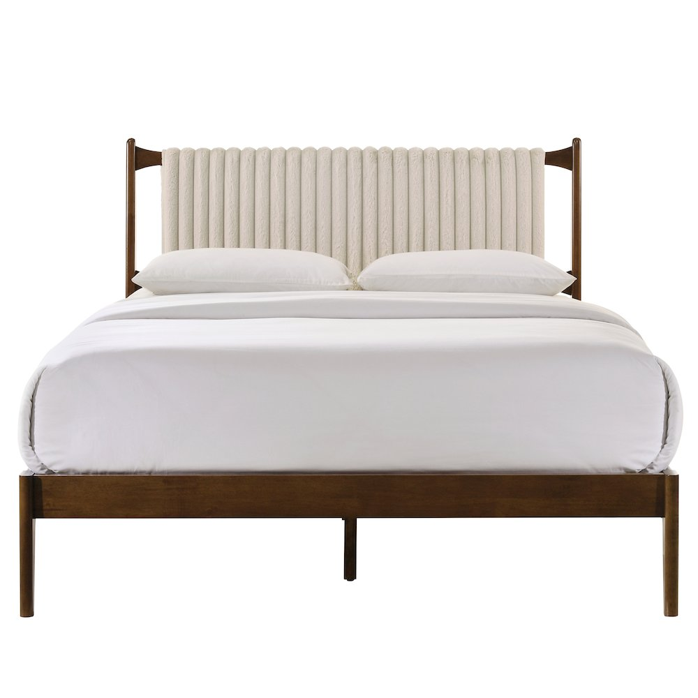 Ella Wooden Queen size platform bed in walnut and beige with a sleek, modern design from Start2Finish.