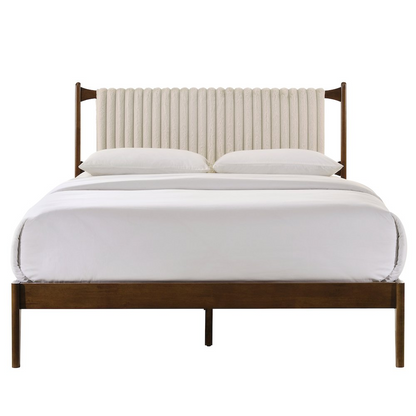 Ella Wooden Queen size platform bed in walnut and beige with a sleek, modern design from Start2Finish.