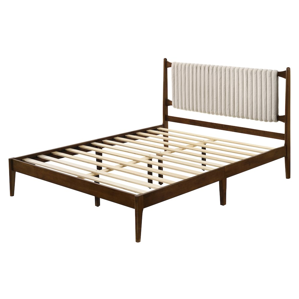 Ella Wooden Queen size platform bed by Start2Finish with walnut finish and beige upholstered headboard, showcasing sleek modern design.