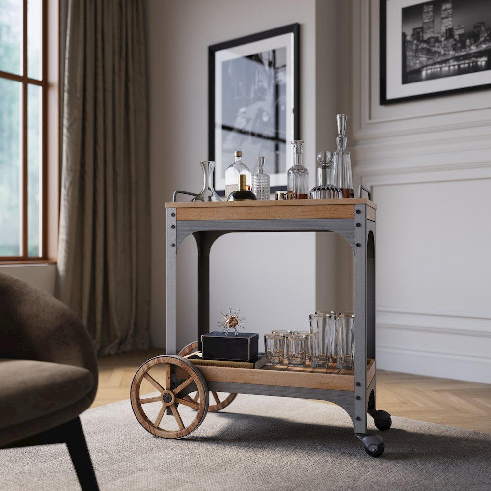 Start2Finish entertainer bar serving cart with wood and metal design, featuring shelves and wheels for easy hosting and serving.