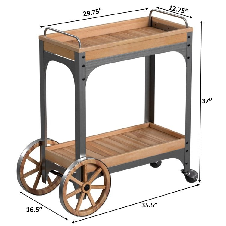Start2Finish Entertainer Bar Serving Cart with wheels, wood finish, and multiple shelves for serving drinks and snacks.