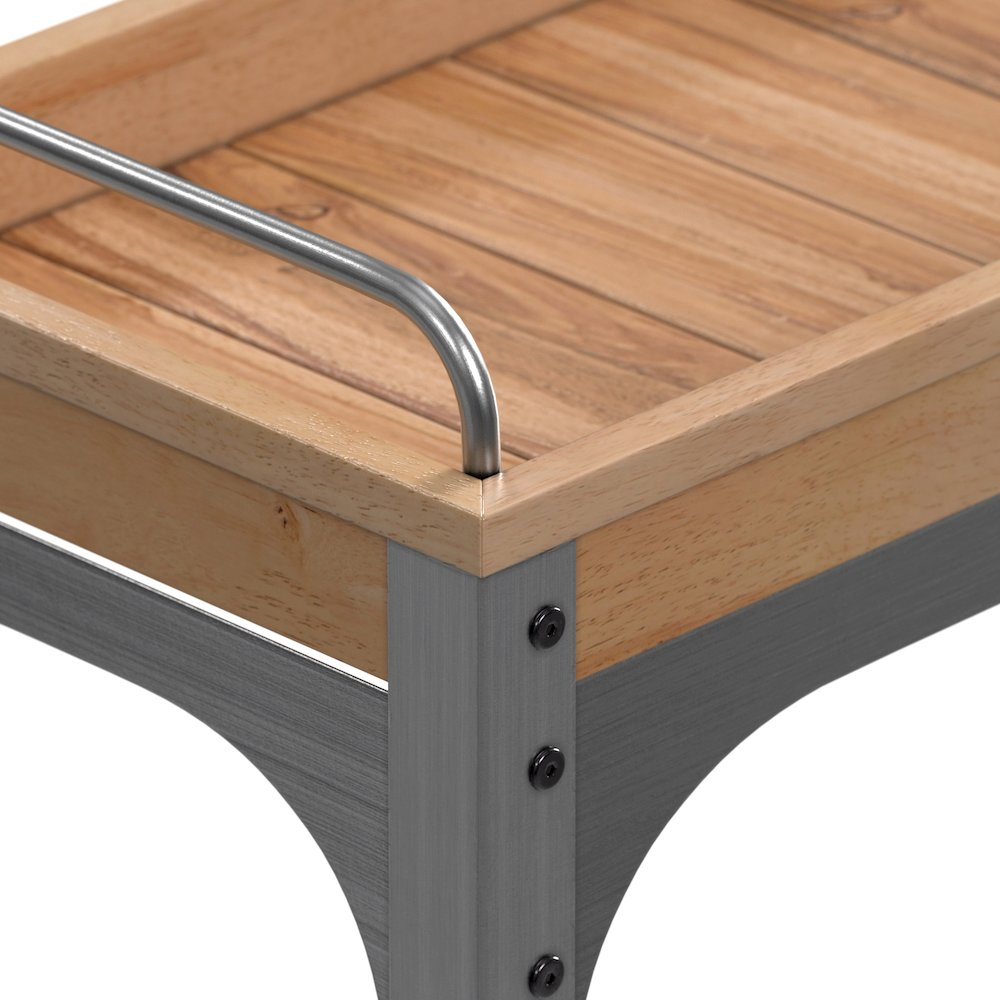 Start2Finish The Entertainer Bar Serving Cart with wheels, wooden surface, metal frame, and storage shelves for serving drinks.
