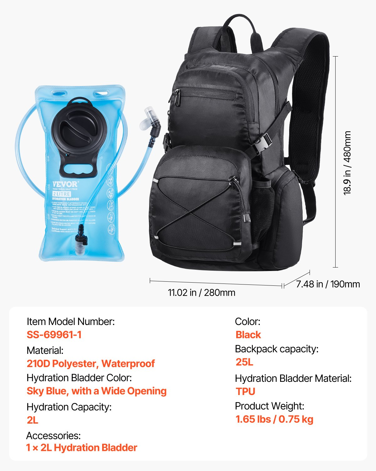 Start2Finish VEVOR hydration backpack with 25L capacity, insulated storage, 2L TPU water bladder, ideal for hiking and outdoor activities.