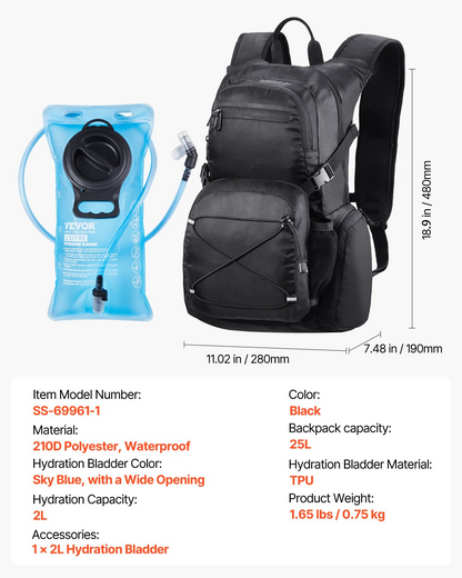 Start2Finish VEVOR hydration backpack with 25L capacity, insulated storage, 2L TPU water bladder, ideal for hiking and outdoor activities.