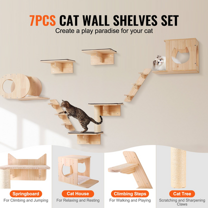 Start2Finish VEVOR wall mounted cat shelves set with perches, jump boards, hammocks, and beds for climbing, resting, and playing.