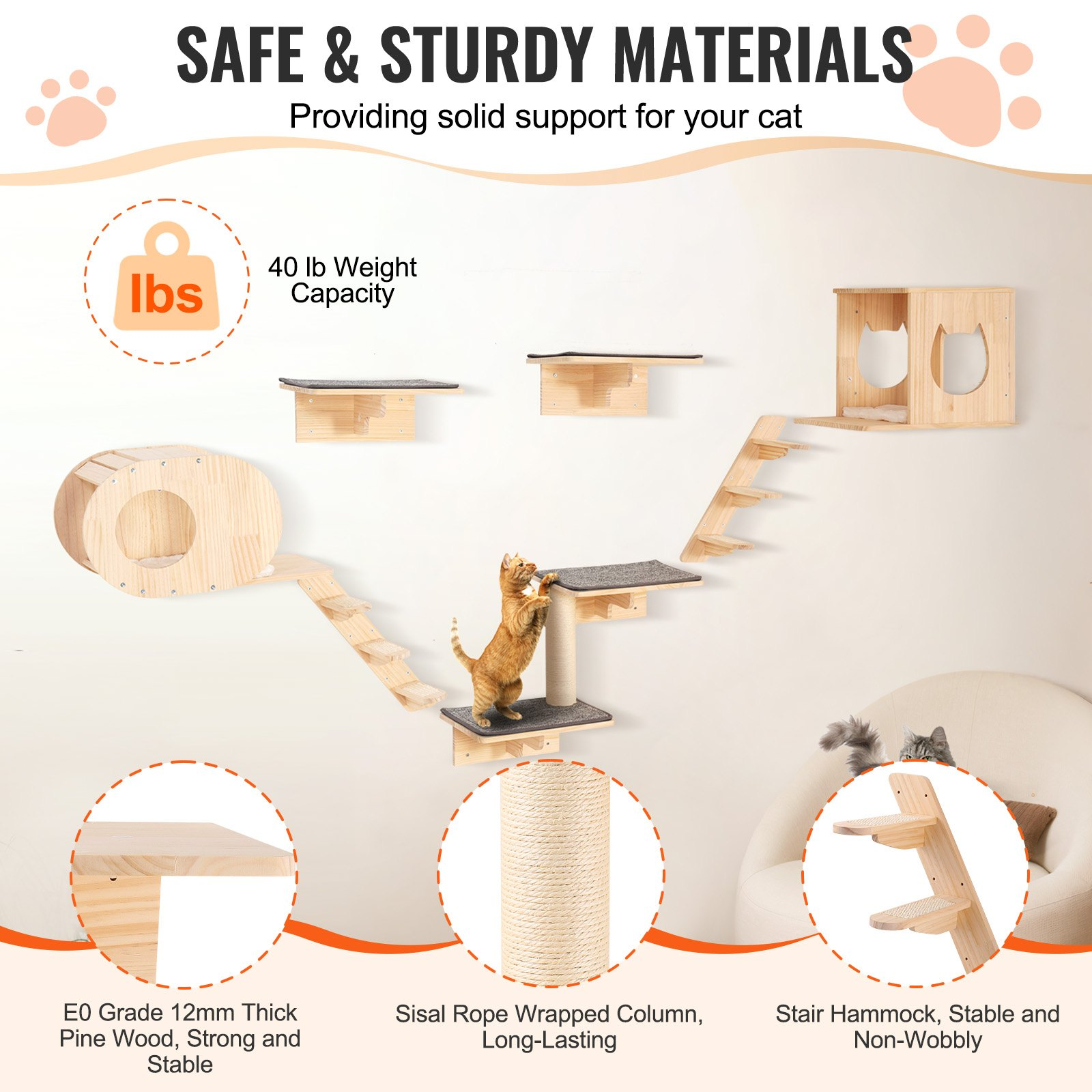 Start2Finish VEVOR wall mounted cat shelves and perches with jumping boards, hammocks, and cat furniture for climbing and resting.