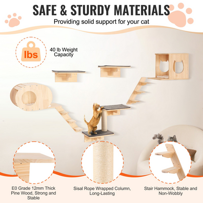 Start2Finish VEVOR wall mounted cat shelves and perches with jumping boards, hammocks, and cat furniture for climbing and resting.