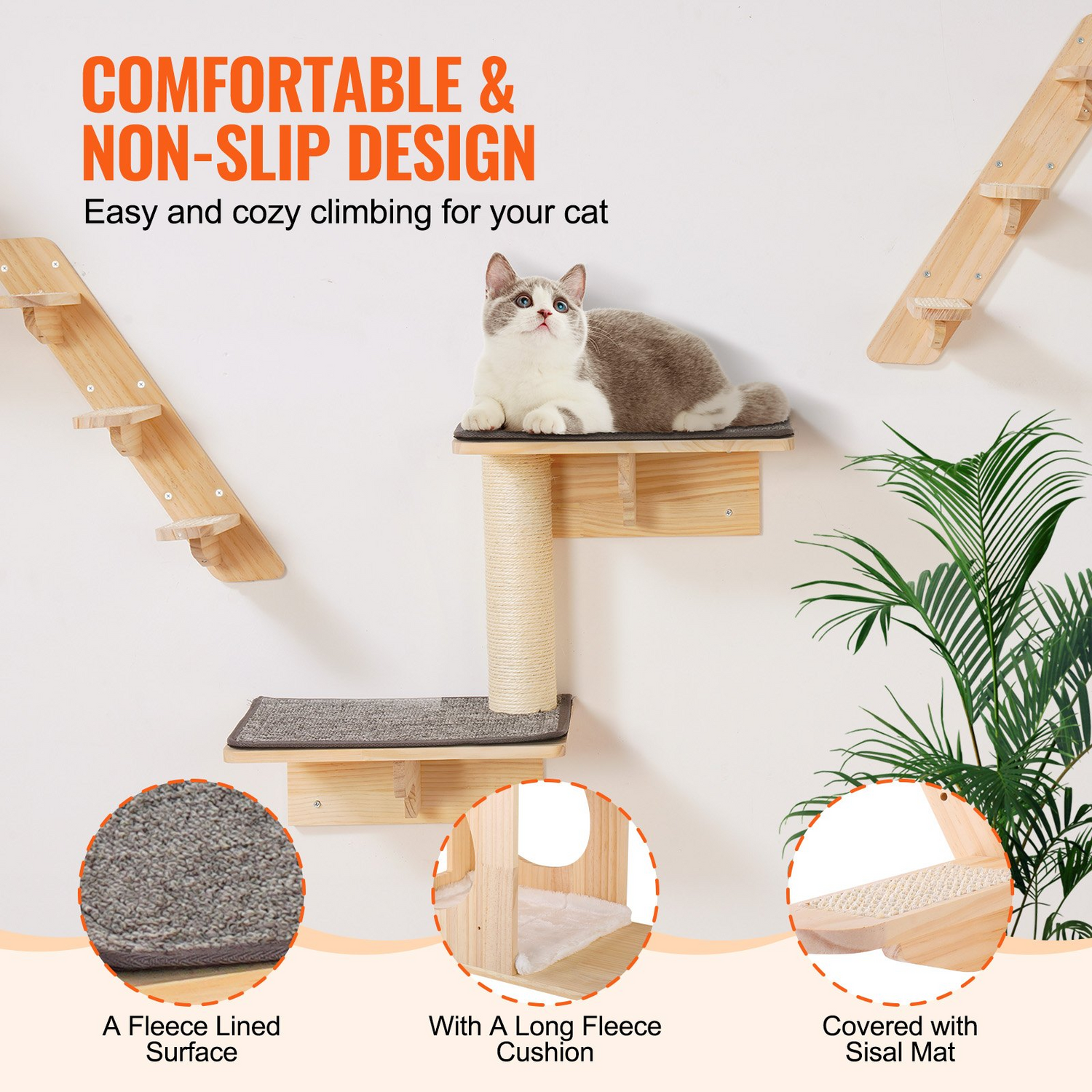 Start2Finish VEVOR wall-mounted cat shelves set with perches, jumping boards, and hammocks for climbing, sleeping, and playing.
