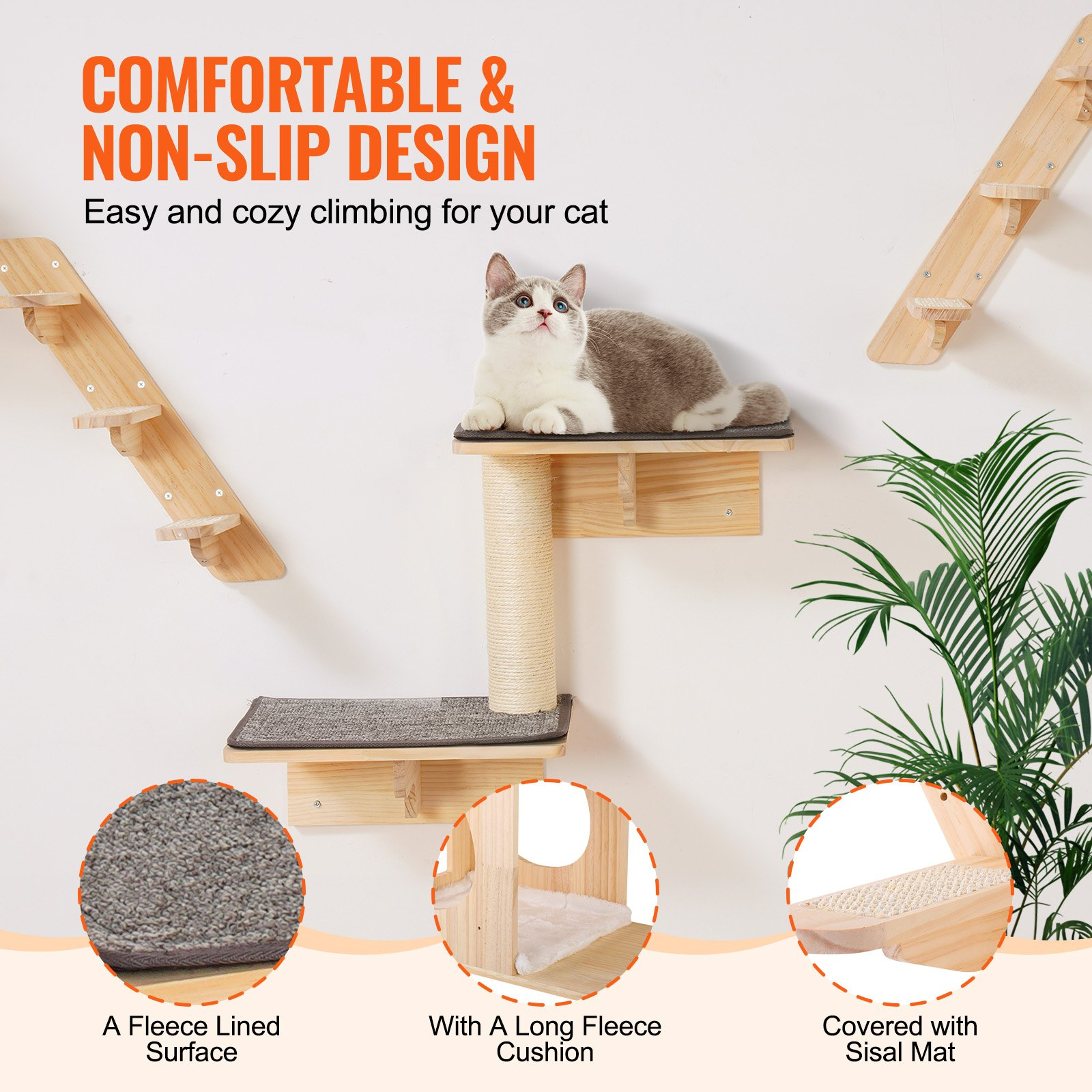Start2Finish VEVOR wall-mounted cat shelves set with perches, jumping boards, and hammocks for climbing, sleeping, and playing.