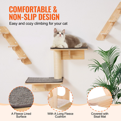 Start2Finish VEVOR wall-mounted cat shelves set with perches, jumping boards, and hammocks for climbing, sleeping, and playing.