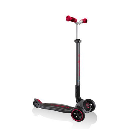 Start2Finish Globber Master Prime 3-wheel scooter in black with red accents, designed for kids, showing the scooter&