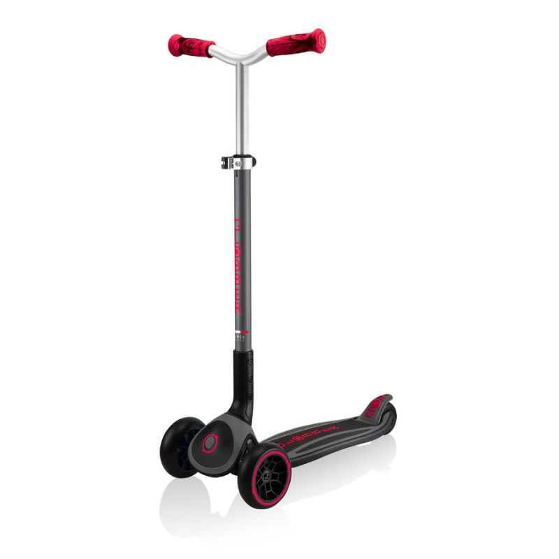 Start2Finish Globber Master Prime 3-Wheel Scooter in black with red accents, designed for kids, featuring sturdy wheels and a comfortable handlebar.