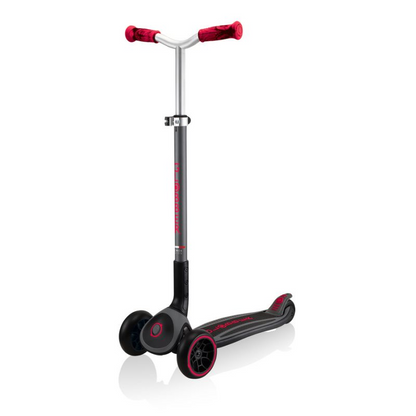 Start2Finish Globber Master Prime 3-Wheel Scooter in black with red accents, designed for kids, featuring sturdy wheels and a comfortable handlebar.