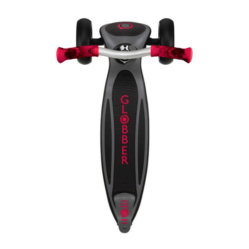 Black Globber Master Prime 3-Wheel Scooter for kids, featuring a sturdy design and vibrant red accents, perfect for outdoor play.