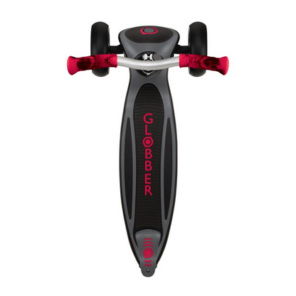 Black Globber Master Prime 3-Wheel Scooter for kids, featuring a sturdy design and vibrant red accents, perfect for outdoor play.