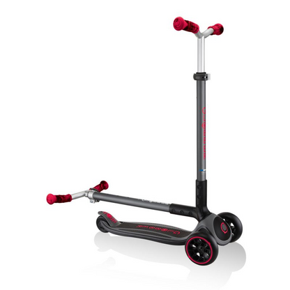 Start2Finish Globber Master Prime 3-wheel scooter in black with red accents, suitable for kids, featuring sturdy design and adjustable handlebar.