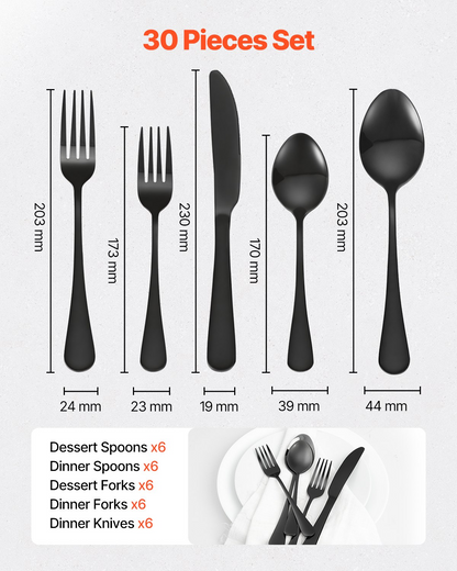 Start2Finish VEVOR 30-piece black and silver stainless steel flatware set with knives, forks, and spoons, dishwasher safe for home dining.