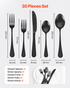 Start2Finish VEVOR 30-piece black and silver stainless steel flatware set with knives, forks, and spoons, dishwasher safe for home dining.