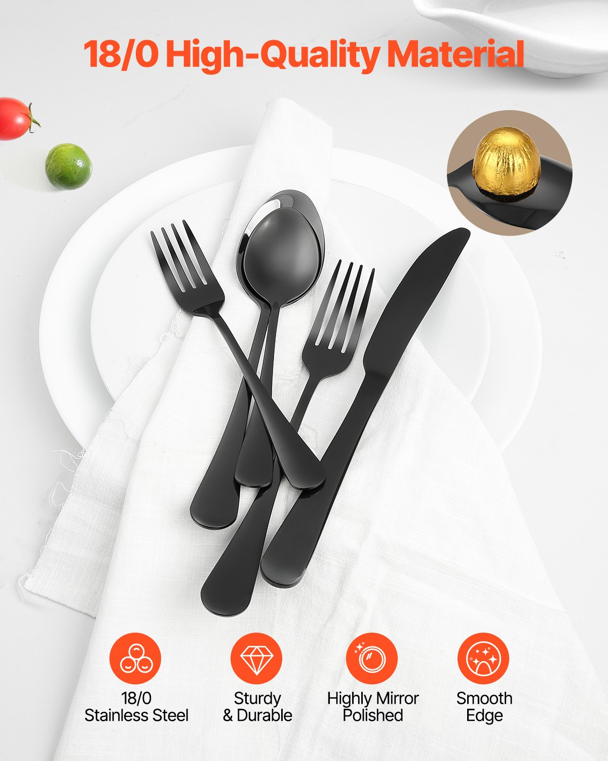 Start2Finish VEVOR 30-piece black and silver stainless steel flatware set with knives, forks, and spoons for home dining.