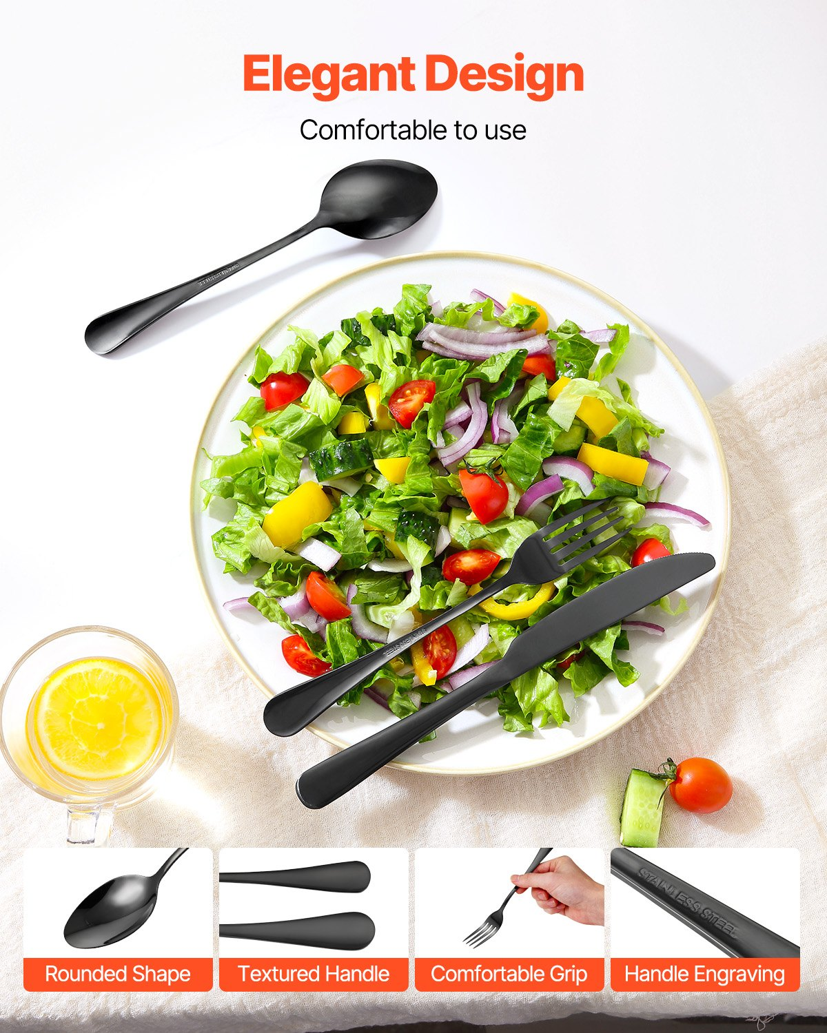 Start2Finish VEVOR 30-piece black and silver stainless steel flatware set with knives, forks, and spoons, dishwasher safe for home use.