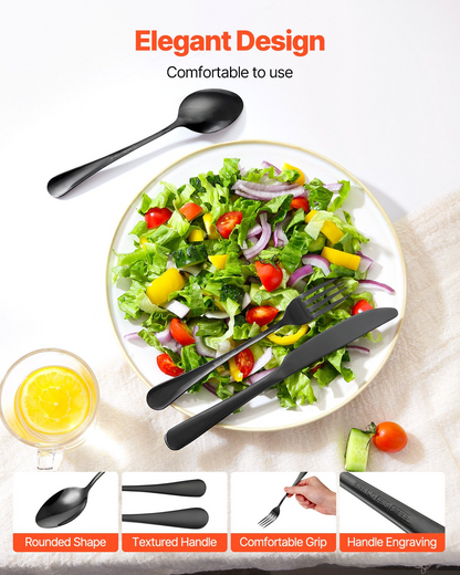 Start2Finish VEVOR 30-piece black and silver stainless steel flatware set with knives, forks, and spoons, dishwasher safe for home use.