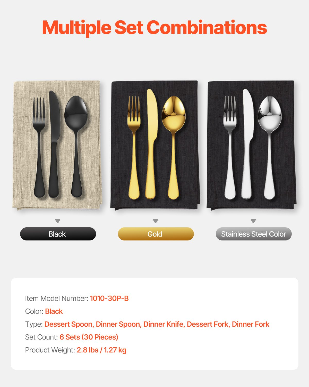 Start2Finish VEVOR 30-piece black and silver stainless steel flatware set with knives, forks, and spoons, dishwasher safe for home use.