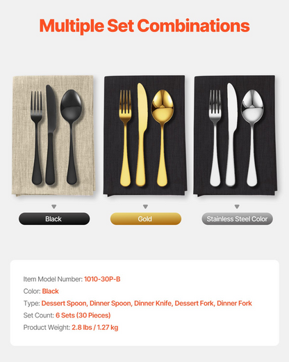 Start2Finish VEVOR 30-piece black and silver stainless steel flatware set with knives, forks, and spoons, dishwasher safe for home use.