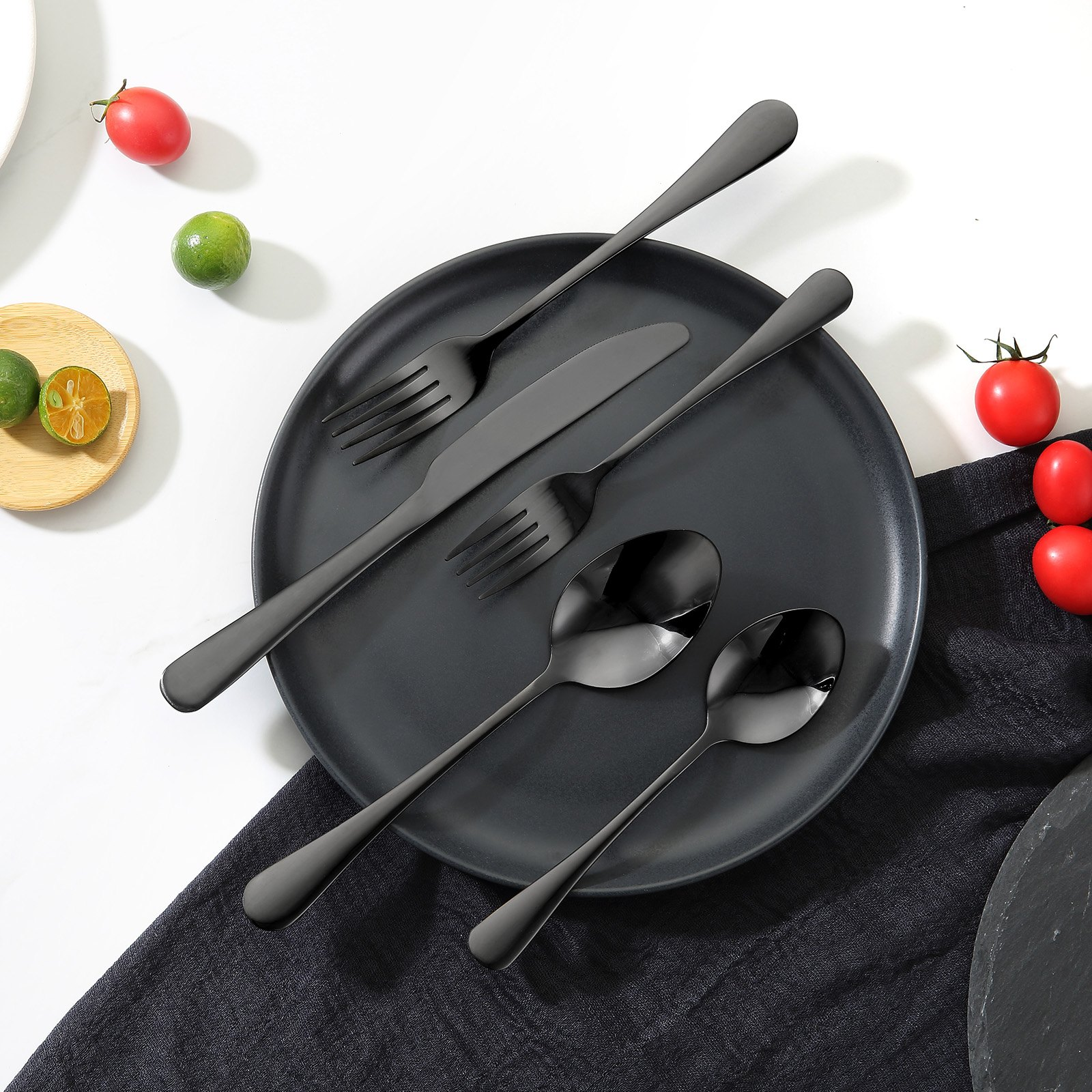 Start2Finish 30-piece black and silver stainless steel flatware set with knives, forks, and spoons for home dining, dishwasher safe.