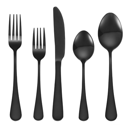 Start2Finish VEVOR 30-piece black silverware set with stainless steel knives, forks, and spoons on a dining table.