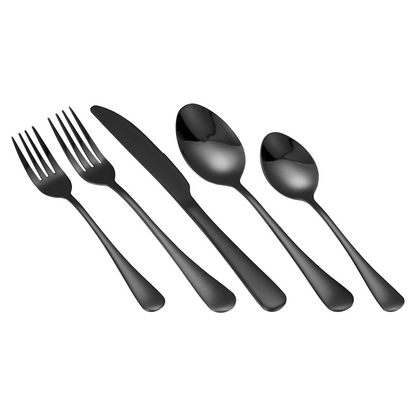 Start2Finish VEVOR 30-piece black and silver stainless steel flatware set with knives, forks, and spoons for home dining.
