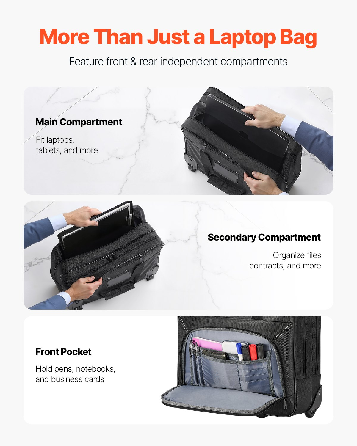 Black VEVOR rolling laptop bag with wheels, telescoping handle, fits up to 15.6-inch laptops, ideal for work and travel.