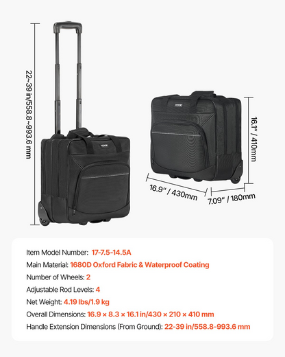 Start2Finish VEVOR rolling laptop bag with wheels and telescoping handle, fits up to 15.6-inch laptops, black briefcase for work travel