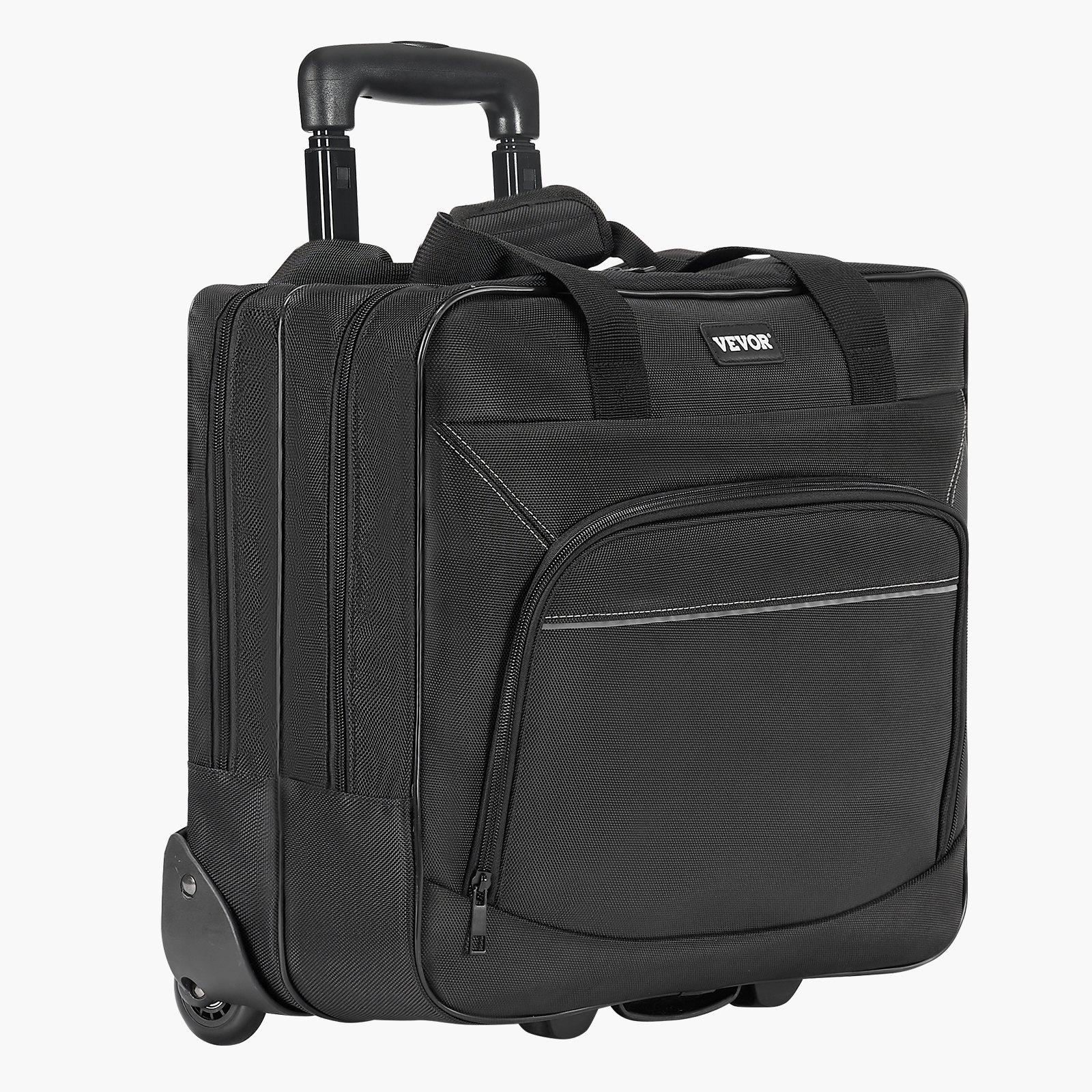 Black VEVOR rolling laptop bag with wheels and telescoping handle, fits up to 15.6-inch laptops, ideal for work and travel.